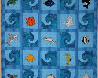 Ocean animal applique PDF baby quilt pattern; Reef Buddies