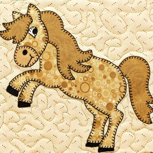 May include: A brown and white patchwork horse with a brown mane and tail. The horse is standing on its hind legs with its front legs raised in the air. The background is a cream color with a brown and white pattern.