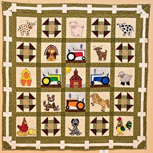 May include: A green and brown patchwork quilt with various farm animal and tractor appliques. The quilt features a cow, pig, turkey, duck, cat, horse, rooster, dog, and a barn.