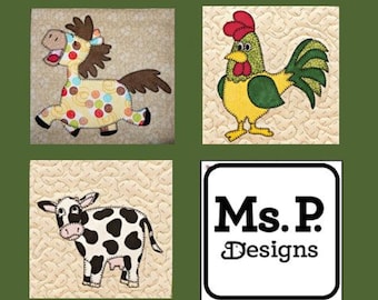 Farm animals PDF applique quilt block pattern set