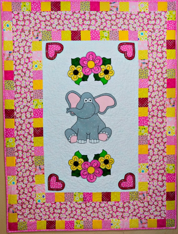 Elephant and Flowers Applique Baby Girl Quilt PDF Pattern Etsy Canada