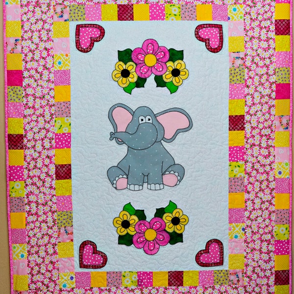 Elephant and flowers applique baby girl quilt PDF pattern