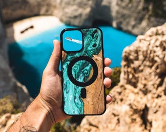 Resin and Wooden Case - Turquoise - Cover for Apple iPhone 16, 16 Pro, 16 Pro Max, 15, 15 Pro, 15 Pro Max 14 14 Pro 14 Pro Max 13 and others