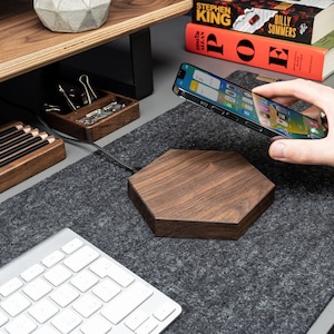 Wireless 15W Charger QI Hexagon Walnut- for iPhone, Samsung Galaxy Wooden Wireless Charging Station - Inductive Wood Phone Charging