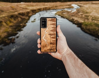Wood Case for Apple iPhone 13, 13 Pro, 12 Mini, 11 11 Pro 11 Pro Max X Xs Max and other - MOUNTAINS Imbuia wood  - Real Natural Wooden Cover