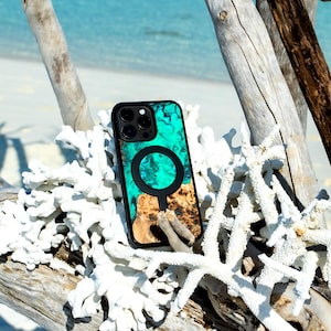 Resin and Wooden Case - Turquoise - Cover for Samsung Galaxy S25 Ultra S25 S24 Ultra S23 S24 FE S23 FE A56 A36 A26 A55 A35 and others