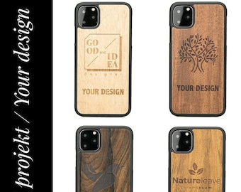 PERSONALIZADO - Cubierta personalizada de la caja del teléfono de madera para iPhone 12 13 14 15 Pro Max Samsung S22 S23 S24 - Su logotipo o inscripción - DISEÑO