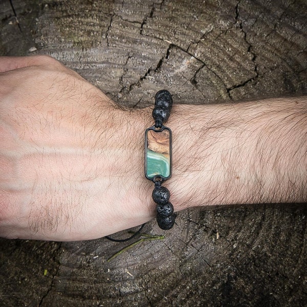 Bracelet en bois et résine - Eau - 4 éléments - Bracelet en pierre volcanique - Bois véritable - Bracelet en résine