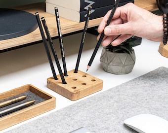 Houten pennenstandaard, minimalistisch handgemaakt potloodhouderbureau, eiken bureauaccessoires, bureaupennenhouder voor bureau, pennenstandaard, houten kantoororganisator