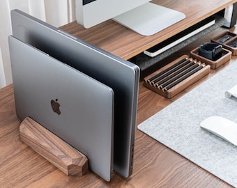 Vertical Laptop and Tablet Walnut Stand, Adjustable Premium Holder, Solid Wood Office Accessory, Desk Organizer, Gift for Him, Home office