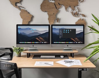 Estante de escritorio Bewood LONG, madera de soporte de monitor dual, oficina en casa, organizador de accesorios de escritorio, almacenamiento y organización de oficina, regalo para él