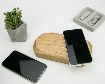 Draadloze 10W oplader Double QI Oak voor iPhone, Samsung Galaxy - Houten draadloos laadstation - Inductieve houten telefoonoplader