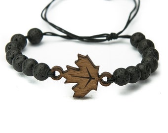 Wooden Bracelet - MAPLE LEAF - Stone - Volcanic Stone - Many colors - Real wood bracelet