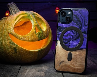 Funda de resina y madera - Violeta - Funda para Galaxy S24 S23 Ultra S21 FE S23 FE iPhone 15 14 Pro 13 Pro Max Xiaomi 14 13T Redmi Note 12 otros