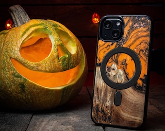 Resin and Wooden Case - Orange - Cover for Galaxy S24 S23 Ultra S21 FE S23 FE iPhone 15 14 Pro 13 Pro Max Xiaomi 14 13T Redmi Note 12 others