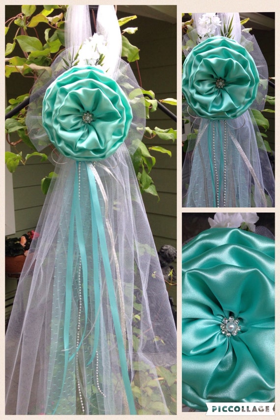 Aqua Blue Silver And White Wedding Bows Pew Church Aisle Etsy