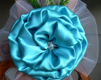 SET OF 6 Turquoise/Teal Satin and Tulle Pew Bows Chair Bows Peony Flower Elegant Wedding Bows Pew Church Aisle Decorations Arch decorations