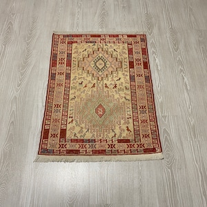 NURSERY DECOR SILK Soumak Rug Kilim-Vintage Silk Soumak-Noahs Ark Design Silk Soumak Kelim Rug-Sumak Kilim Rug-Silk Rug Animal Design Soumak