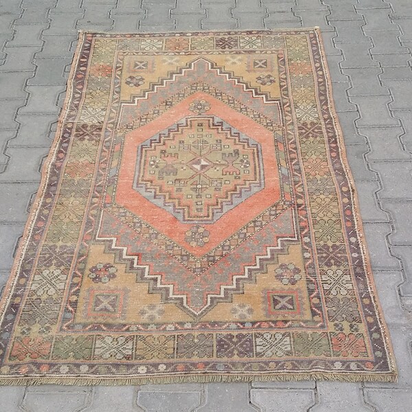VINTAGE TURKISH RUG-Vintage Oushak Rug-Vintage Turkish Oushak Rug-Muted Color Turkish Oushak Rug-Faded Color Turkish Oushak Rug-Turkish Rug