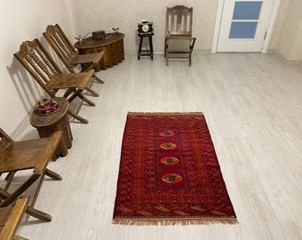 RED TURKOMAN BUHARA Carpet Rug-Turkmen Buhara Red Rug-Vintage Red Tribal Carpet Rug-Small Red Color Vintage Tribal Buhara Rug Carpet