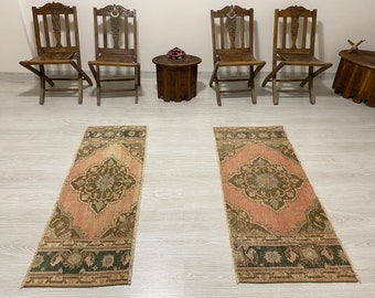 TWIN PAIR OF Bedroom Turkish Oushak Rugs-Twin Turkish Oushak Doormats-Twin Turkish Oushak Bath Mats-Pair of Turkish Vintage Oushak Small Rug