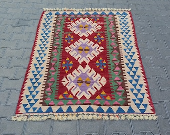 TURKISH KILIM RUG-Kayseri Wool Kilim Rug-Colorful Vintage Turkish Bohemian Kilim Rug