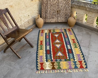 Turkish Kilim Rug-Nomadic Kilim Rug-Geometric Design Tribal Kilim Rug-Kelim-Wool Kilim-Anatolian Kilim Rug