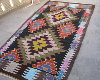 AZTEC DESIGN RUG-Aztec Design Kilim-Boho Rug-Boho Kilim-Kilim Boho-Bohemian Rug-Black Rug-Rug Black-Navajo Design Kilim Rug-Vintage Kilim