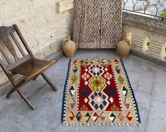 3x4 Bohemian Turkish Kilim Rug-Tribal Kilim Rug-Kelim Rug-Bedroom Rug-Anatolian Kelim-Nomadic Kilim Rug-Small Size Turkish Wool Kilim Rug