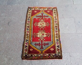 SMALL TURKISH TRIBAL Nomadic Boho Rug-Doormat-Vintage Small Size Turkish Nomadic Bohemian Rug-Vintage Small Tribal Carpet Rug-Bath Mat Rug