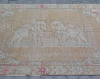 PICTORIAL LION RUG-Lion Design Rug-Horoscope Rug-Vintage Turkish Oushak Rug-Pictorial Turkish Oushak Carpet-Wall Hanging Rug-Lion Figure Rug