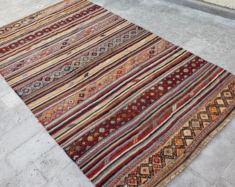 STRIPED AREA TURKISH Kilim Rug-Vintage Tribal Kilim Rug-Kilim-Kilim Rug-Hand Embroidered Nomadic Kilim Rug-Vintage Anatolian Area Kilim Rug