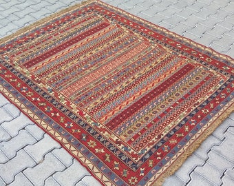 INTRICATE DESIGN TRIBAL Soumak Kelim Rug-Hand Embroidered Sumak Kilim Rug-Tribal Sumak Kilim Rug-Nomadic Soumak Kilim Rug