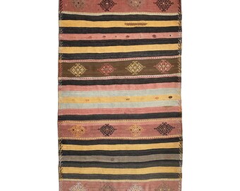 4x6 Striped Tribal Faded Kilim Rug-Nomadic Kelim Rug-Striped Design Turkish Kilim Rug-Anatolian Kilim Rug