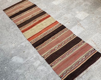 TURKISH KILIM RUNNER Rug-Striped Runner Kilim Rug-Vintage Tırkish Kilim Rug Runner-Vintage Nomadic Kelim Runner Ruıg-Vintage Anatolian Kilim