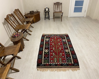 AYDIN CINE KILIM-Kula Kilim Rug-Prayer Design Tree of Life West Anatolian Vintage Turkish Kilim Rug-Nomadic Kilim-Dowry Kilim Rug-Kelim Rug