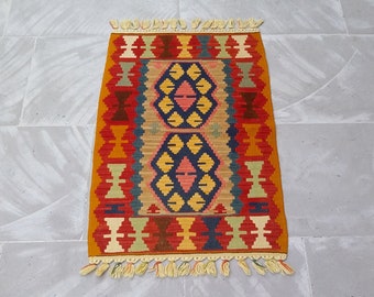 Small Kelim Rug Doormat Bath Mat-Kilim Rug-Turkish Kilim Rug-Anatolian Kilim Rug-Nomadic Kilim Rug