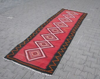 MINIMALIST HALLWAY RUNNER Kilim-Primitive Hallway Ruuner-Red Runner-Red Hallway Kilim-Simple Hallway Runner-Hallway Runner-122''x40'' Runner