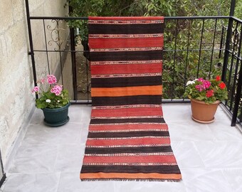 STRIPED TURKISH KILIM Runner Rug-Vintage Nomadic Kilim Runner Rug-Vintage Anatolian Kilim Runner Rug-Striped Kilim Hallway Runner