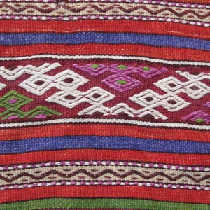 May include: A close-up of a woven fabric with a repeating pattern of red, blue, white, green, and purple. The fabric has a textured surface and a traditional design.