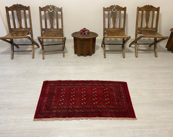 SMALL RED TRIBAL Turkoman Carpet Rug-Vintage Turkmen Red Carpet Rug-Small Very Intricate Design Red Color Tribal Turkoman Buhara Carpet Rug