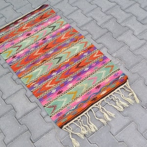 COLORFUL SMALL TURKISH Boho Kilim Rug-Bohemian Rug Kelim-Vintage Turkish Kilim Rug-Vintage Nomadic Turkish Boho Kilim Rug-Striped Kelim Rug