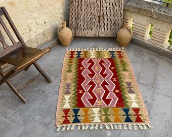 Colorful Kilim Rug-Turkish Kilim Rug-Kelim Rug-Wool Kilim Rug-Anatolian Kilim Rug