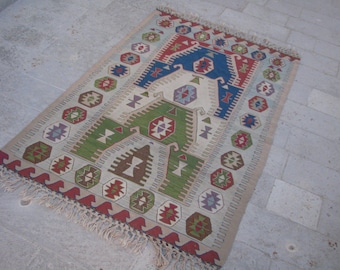 VINTAGE OUSHAK KILIM Rug-Turkish Rug Kilim-Vintage Kelim Rug-Bacali Sivrihisar Kilim Rug-64''x43''Kilim-Office Rug-Kitchen Rug-Muted Kilim