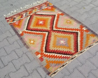 TURKISH BARAK KELIM Rug-Bohemian Kilim-Vintage Geometric Design Turkish Tribal Barak Kelim Rug-Floor Kilim Rug-Hand Made Kelim Wall Hanging