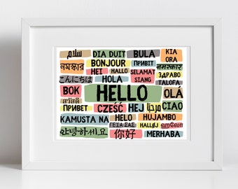 Hola cartel en diferentes idiomas - Paisaje colores frescos - Descarga digital - Arte de pared multilingüe - Hola y bienvenido inclusivo