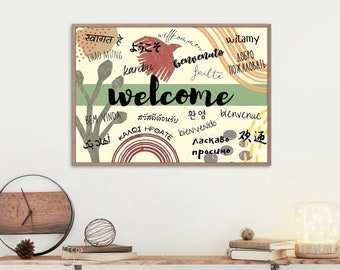 Cartel de bienvenida en diferentes idiomas - Paisaje imprimible - Descarga digital instantánea - Arte de pared multilingüe
