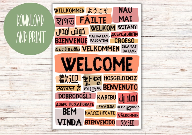 Welcome Poster in Different Languages - Portrait Warm Colours - Instant ...