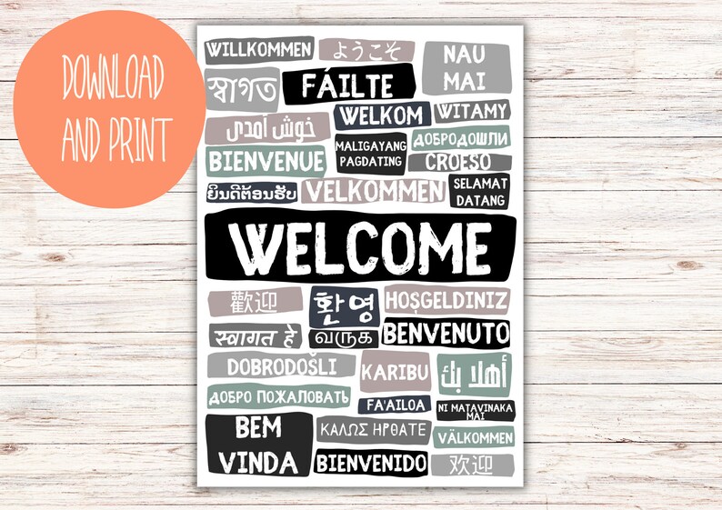 Welcome Poster in Different Languages Portrait Greys Instant Digital ...