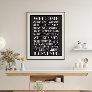 Welcome Poster in Different Languages - Multilingual Wall Art - Typography Print - Portrait - Black and White